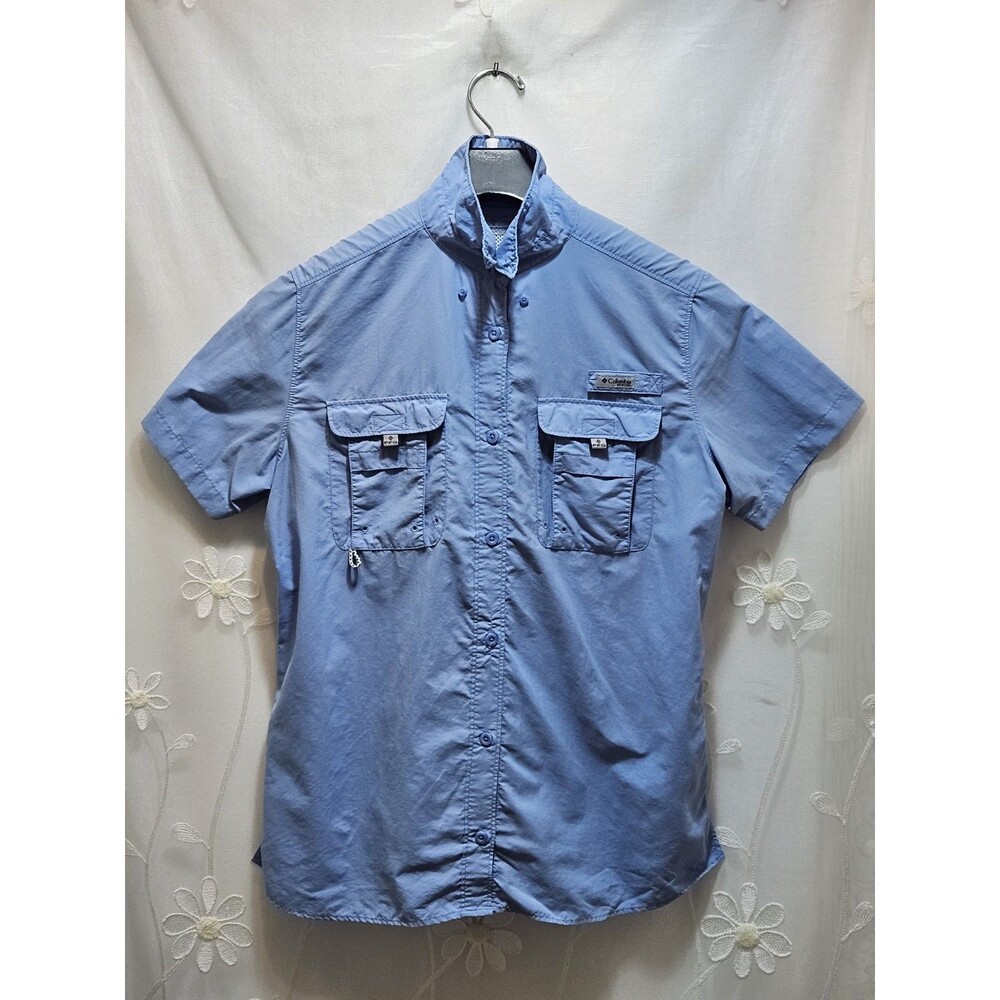 Columbia Womens Large Blue Shirt PFG Fishing Angler Outdoors Cute Short Sleeves